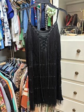 Double D Ranch Black Fringe Lace-Up Mini Dress